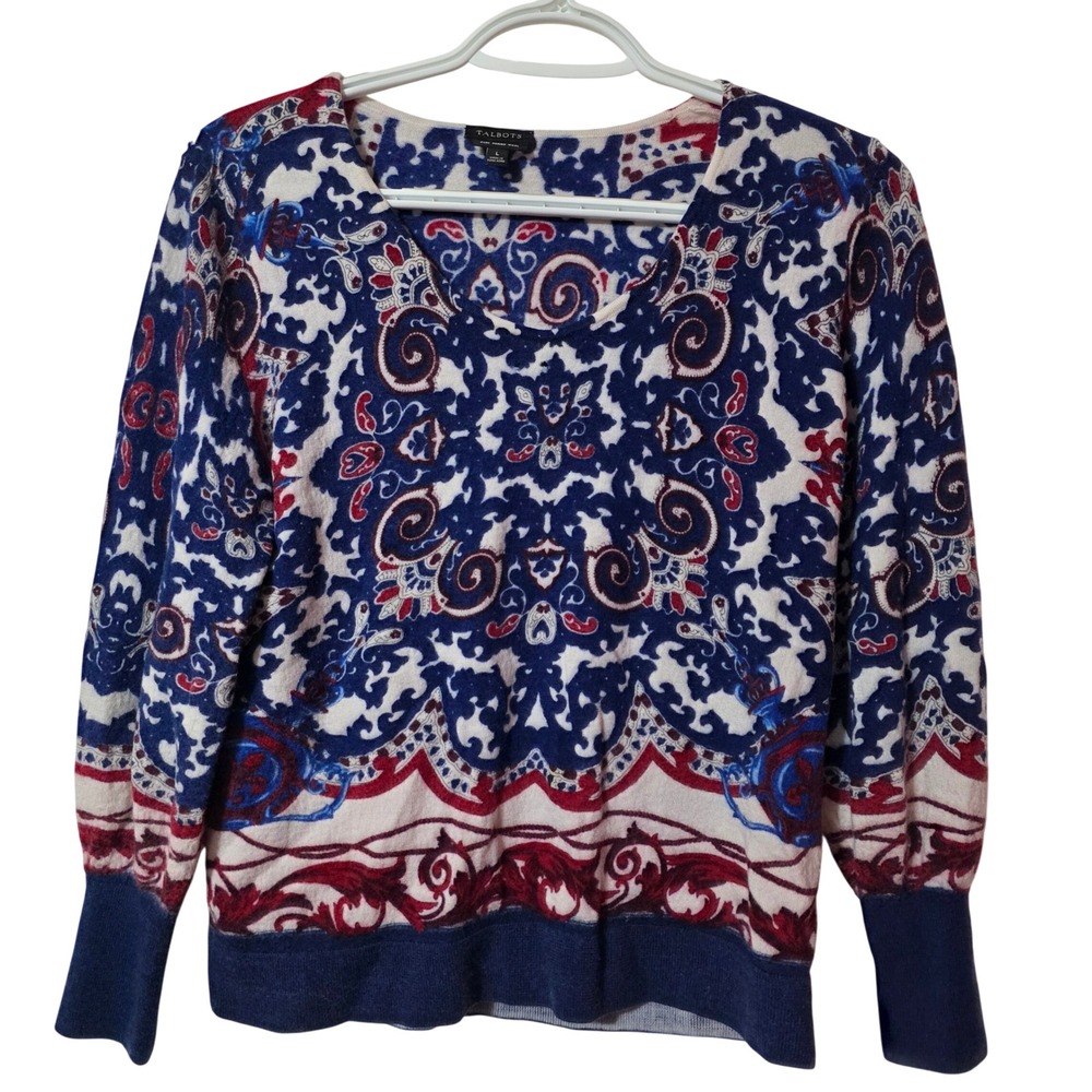 Talbots Women Large Sweater Blue Paisley 100% Merino Wool Scoop Neck Pullover